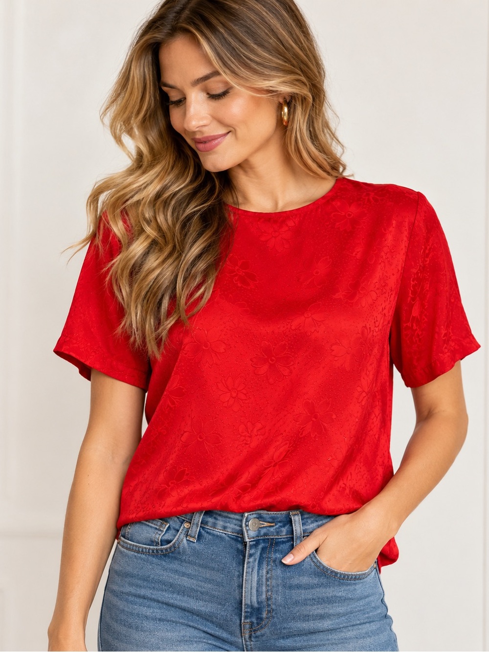 Laura & Jayne 100% Silk Red Floral Jacquard Blouse Top Size M